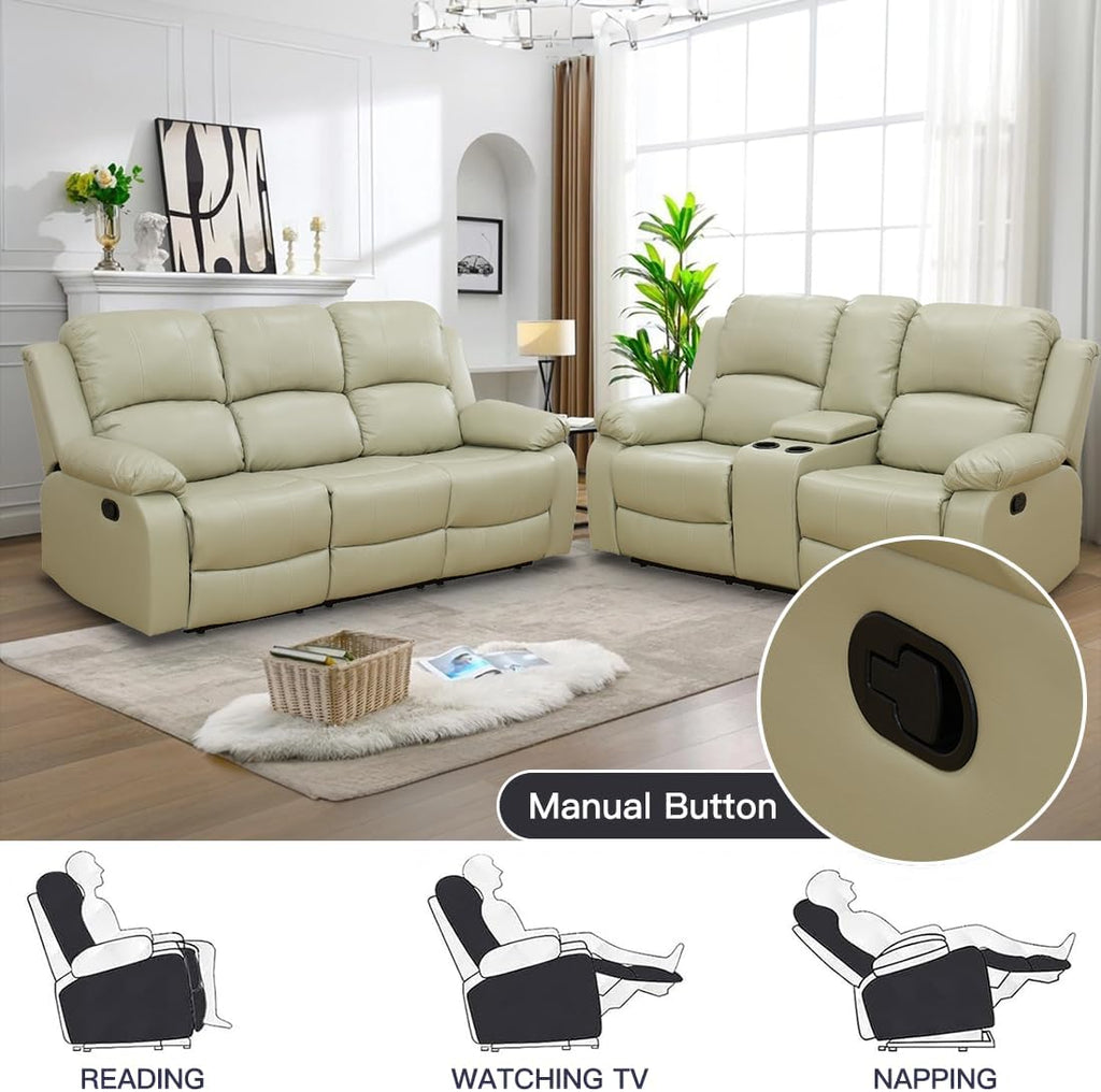Living Room Furniture Sets, Manual Reclining Sofa and Lovseat Set with Drop-Down Table, Leather Recliner Couch Sets, Recliner Sofa with Storage Console/Cup Holder for Home/Apartment(Beige)