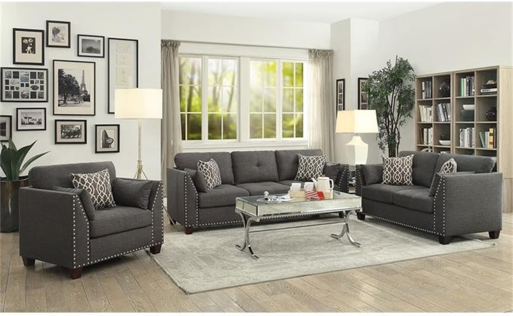 Acme Laurissa Track Arm Chair with Nailhead Trim in Light Charcoal Linen