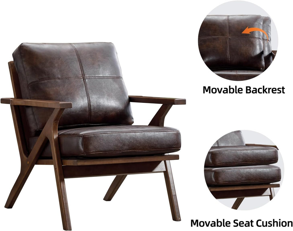 INZOY Mid-Century Modern Accent Chair with Wood Frame, PU Leather Living Room Chair and Soft Thick Padded Armchair for Living Room Bedroom Reception with Removable Upholstered Cushions, Brown