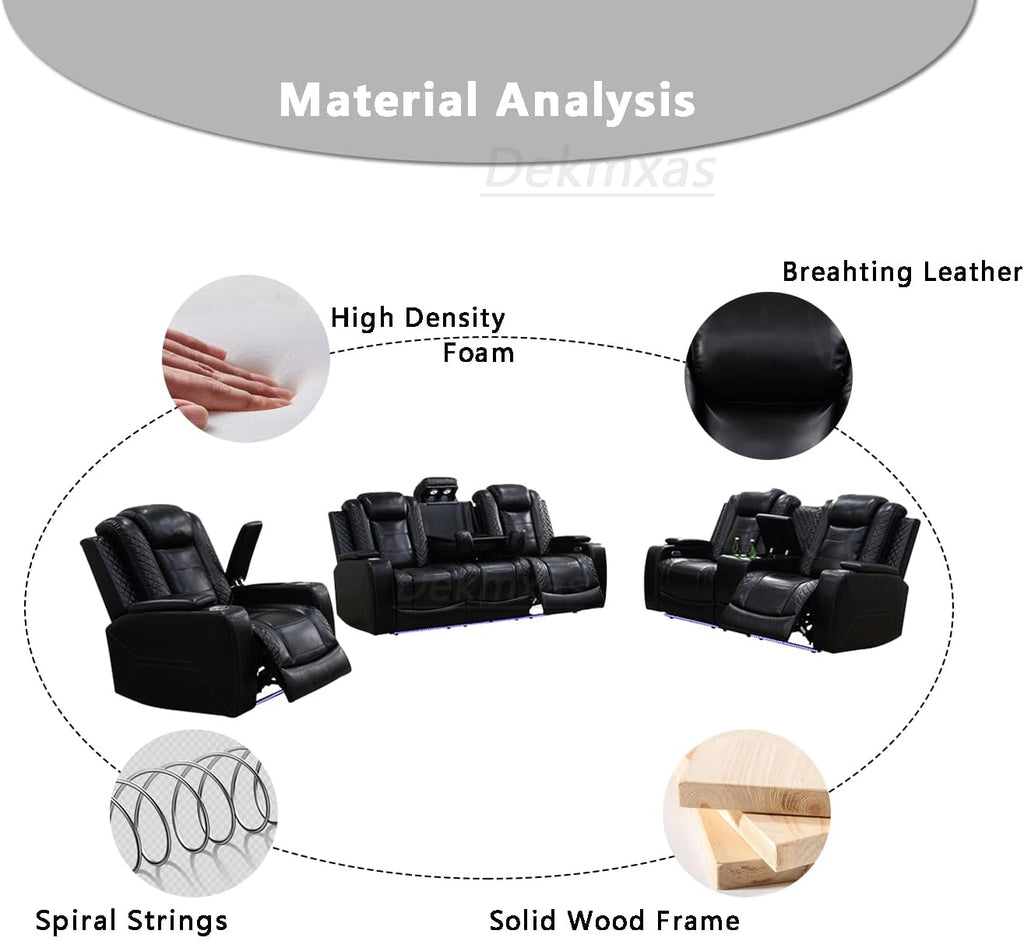 Power Recliner Sofa Set with Storage Armrest, Living Room Furniture Sets, Black Breathing Leather Reclining Sofa Couch with Drop-Down Table/Cup Holder/LED Light/USB Port for Living Room/Home