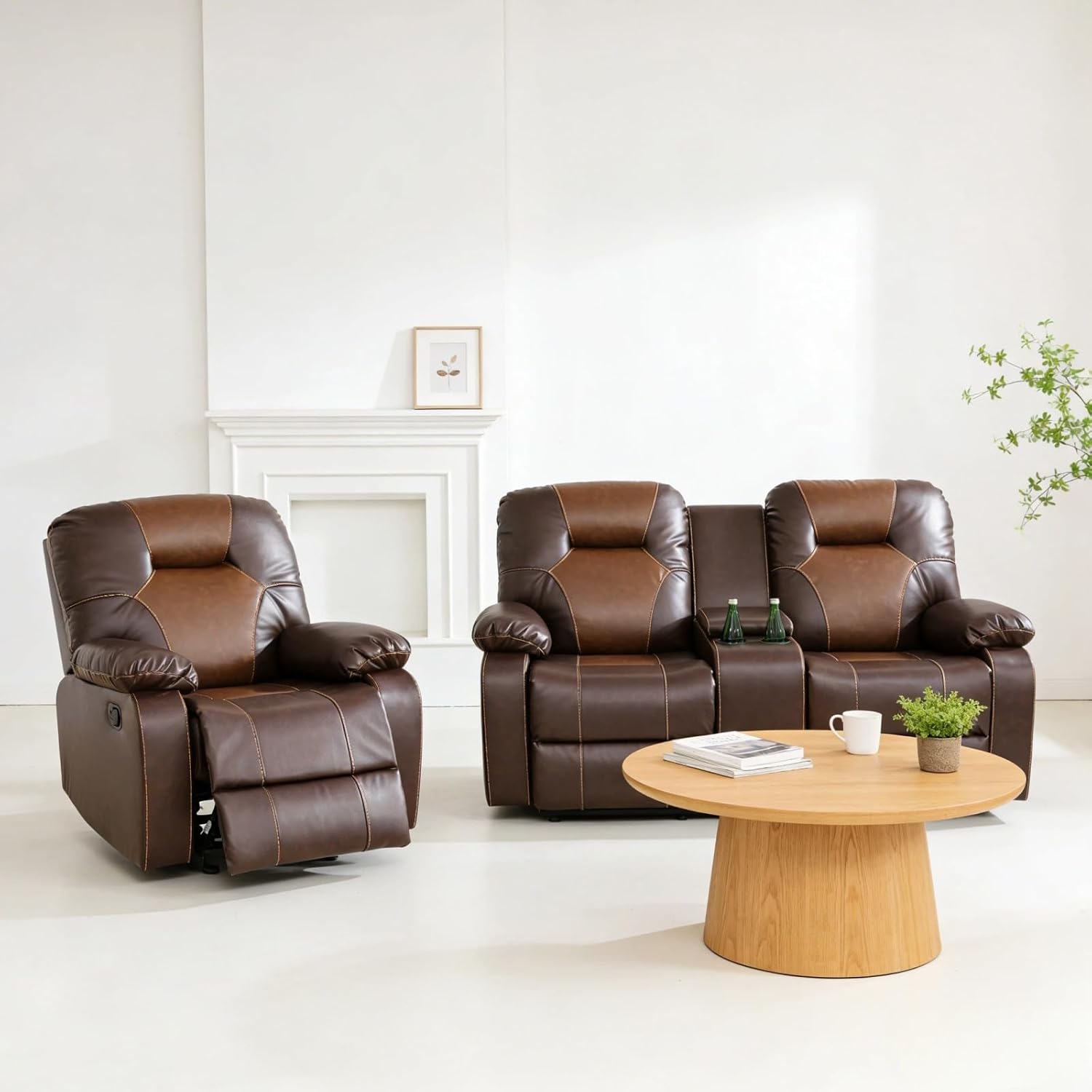 Leather Recliner Sofa Set, Living Room Furniture Set, Adjustable Backrest Reclining Loveseat Sofa with Storage Console & Cup Holders, Manual Recliner Chair for House, Home Theater, Brown