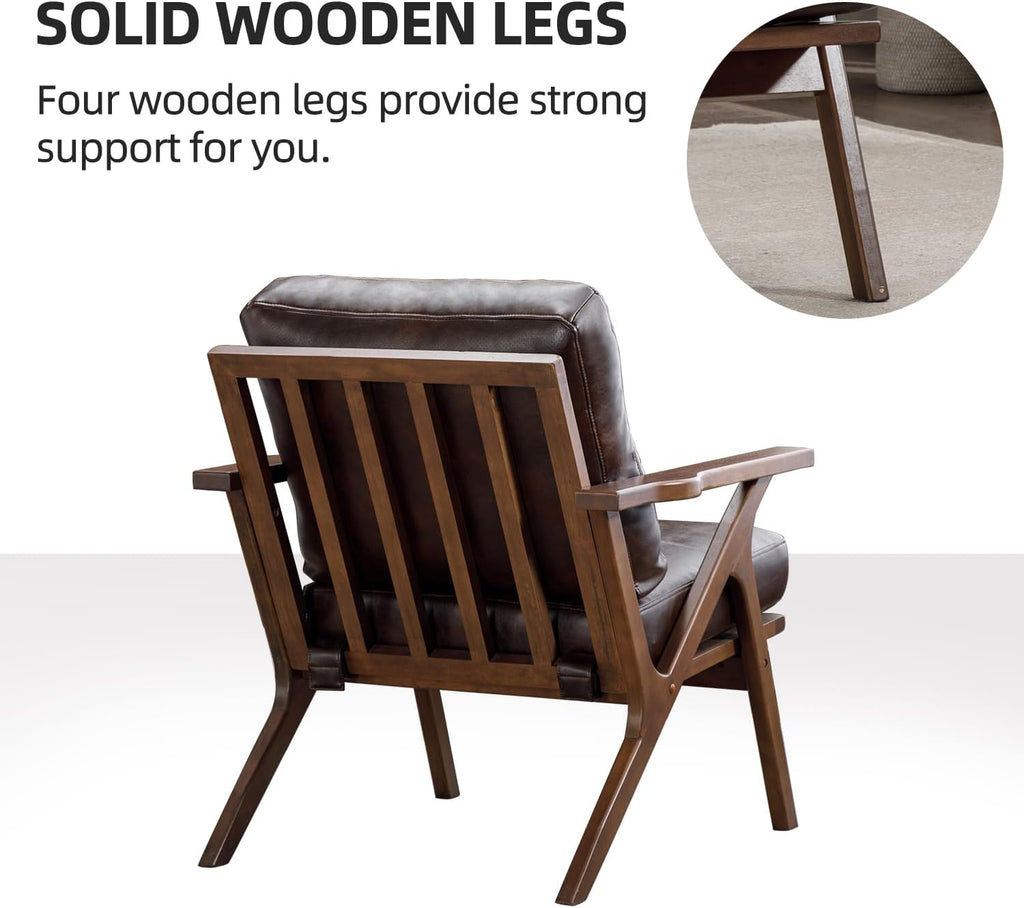 INZOY Mid-Century Modern Accent Chair with Wood Frame, PU Leather Living Room Chair and Soft Thick Padded Armchair for Living Room Bedroom Reception with Removable Upholstered Cushions, Brown