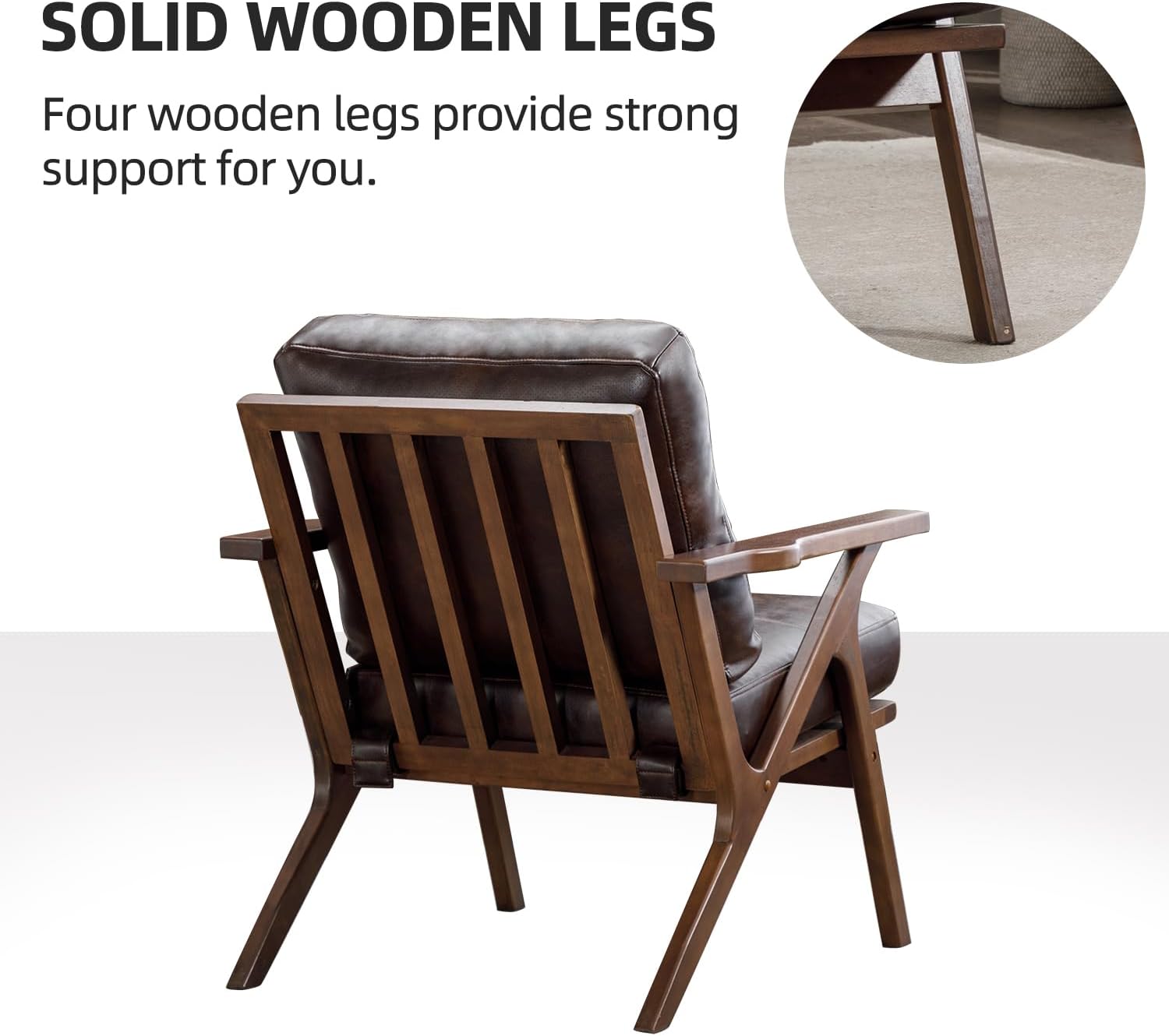 INZOY Mid-Century Modern Accent Chair with Wood Frame, PU Leather Living Room Chair and Soft Thick Padded Armchair for Living Room Bedroom Reception with Removable Upholstered Cushions, Brown