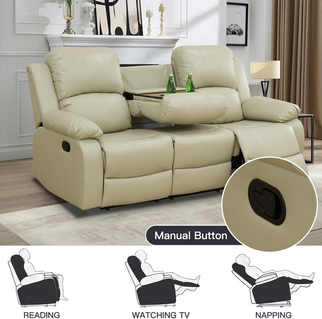 Living Room Furniture Set, Manual Reclining Sofa Set, Beige Leather Recliner Couch Sets with Drop-Down Table, Recliner Sofa with Storage Console/Cup Holder for Living Room/Apartment
