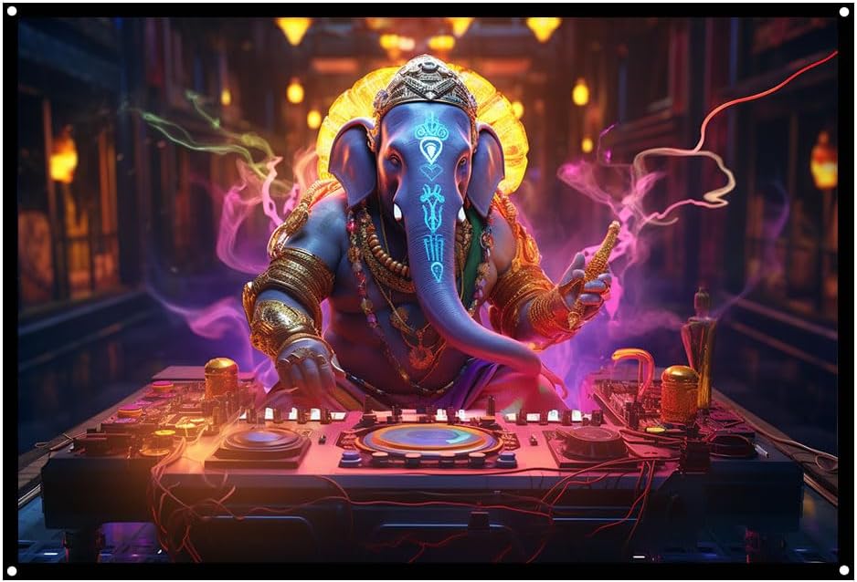 Ganesh Cyberpunk DJ, UV tapestry, Blacklight Reactive Wall Hanging, Neon Backdrop, Party Decor, Psychedelic Tapestry, Visionary Wall Art (Large)