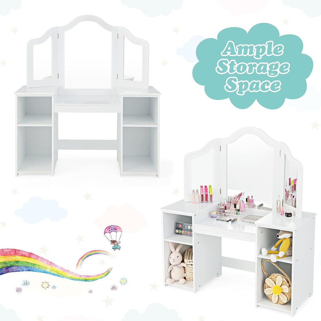 INFANS Kids Vanity, 2 in 1 Princess Makeup Desk Set with Tri-Folding Detachable Mirror, Large Storage Shelves, Wooden Dressing Table,Pretend Play Vanity Set for Girls