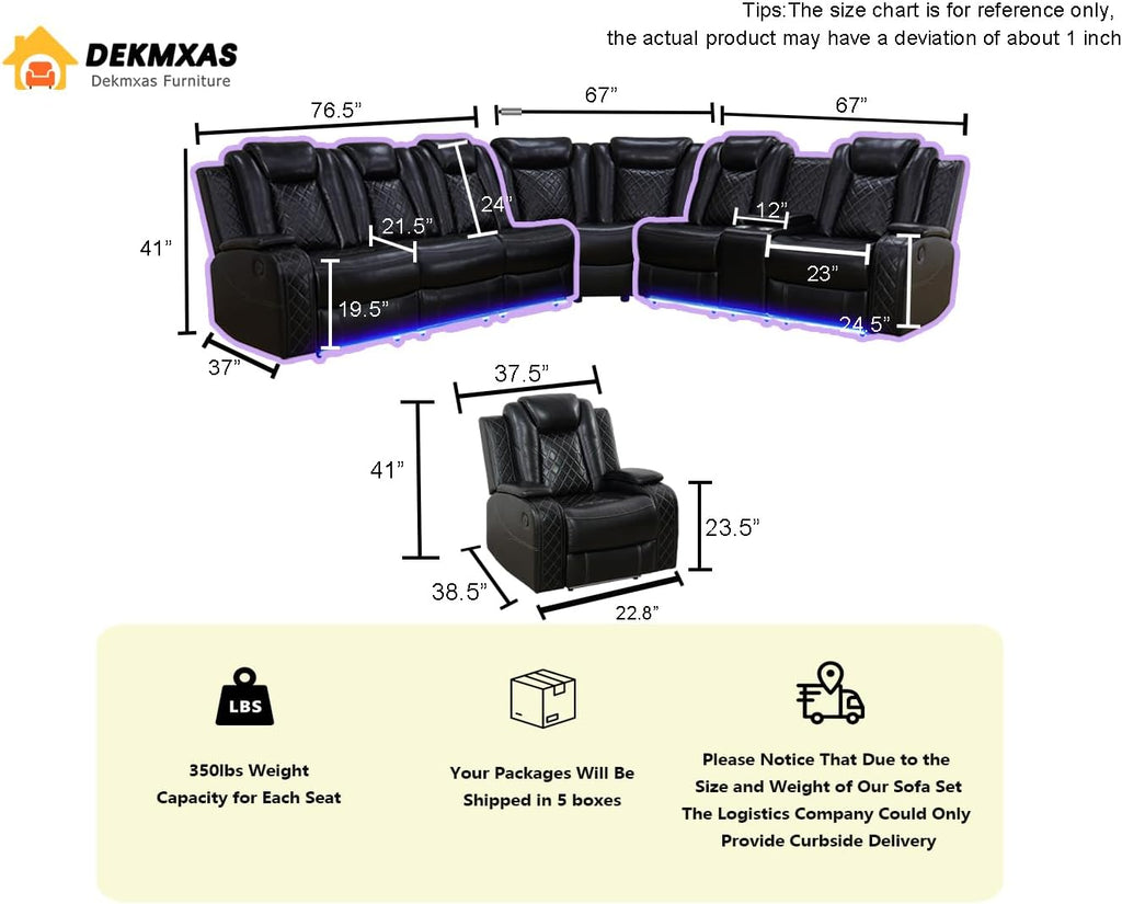 L Shaped Reclining Sectional Couch and 2 Chairs, Power Leather Recliner Sectional Sofa Set with LED Lights, Breathing Leather Couch Sofa Set with 8-Seater/USB Port/Storage for Living Room