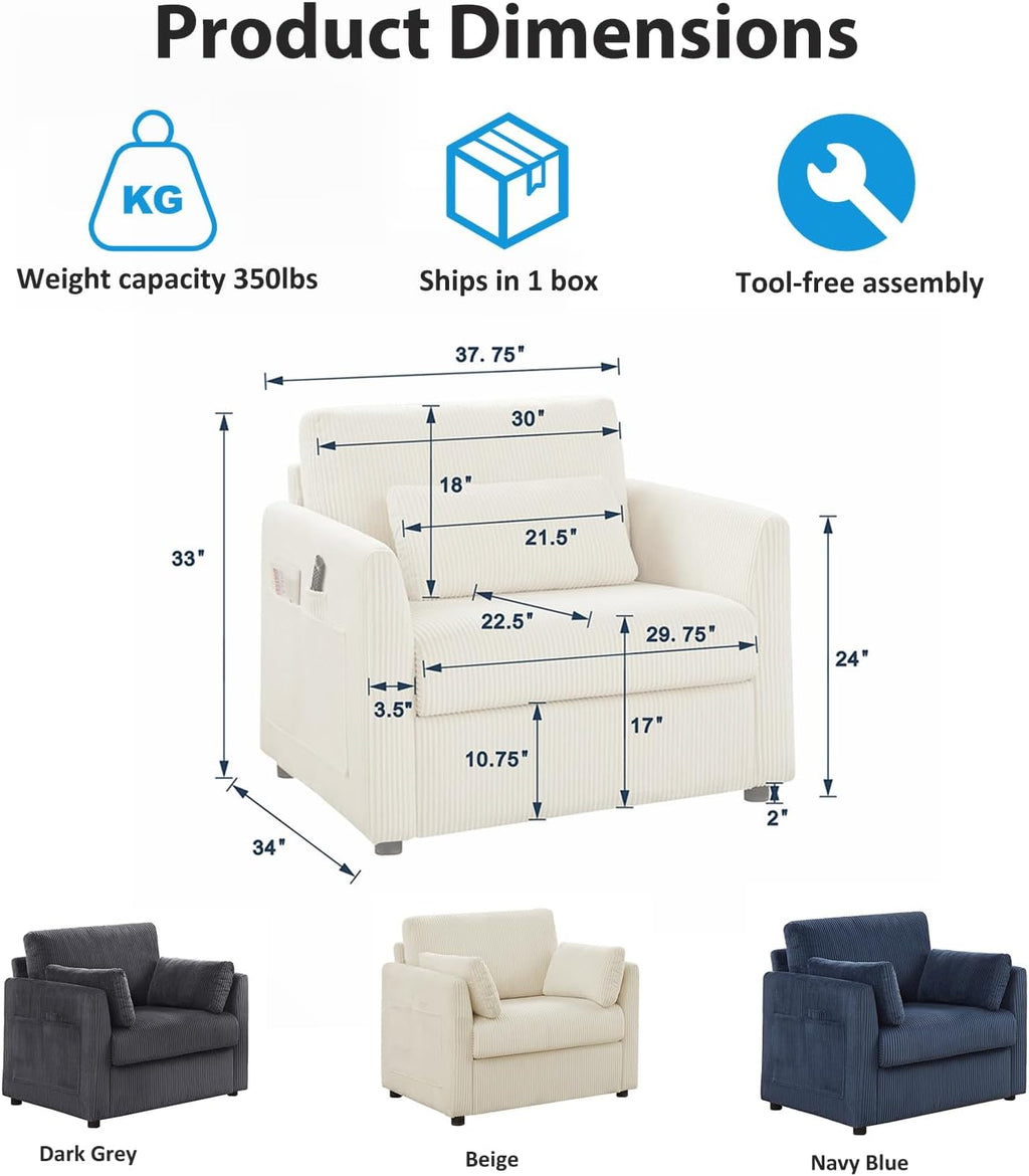 Modern Corduroy Accent Chairs, 38' W Reading Armchair with Comfy Pillows and Side Pockets, Single Reading Chairs for Living Room, Bedroom, Apartment, Navy Blue