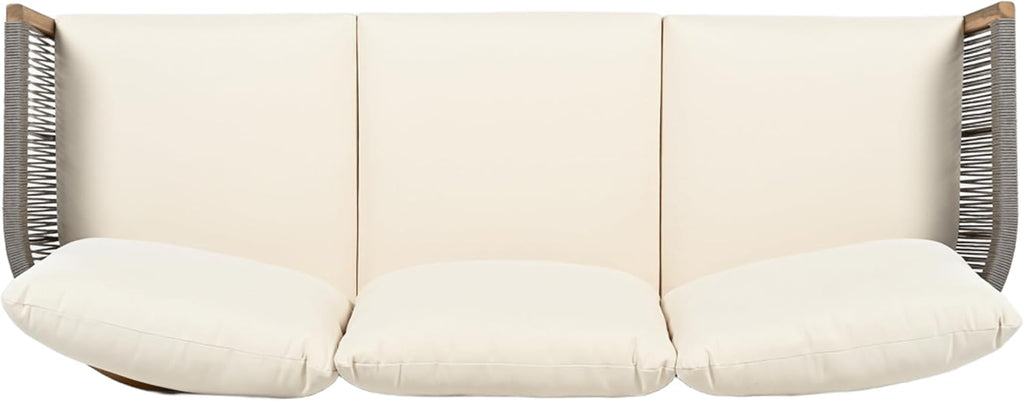 Christopher Knight Home Havets 77'W Outdoor 3 Seater Sofa, 6' Thick Cushion Couch, Acacia Wood Bench Sofa, Comfy Woven Rope Armchair, Spacious Seating Bench Couch for Backyard Garden Porch, Gray+Beige