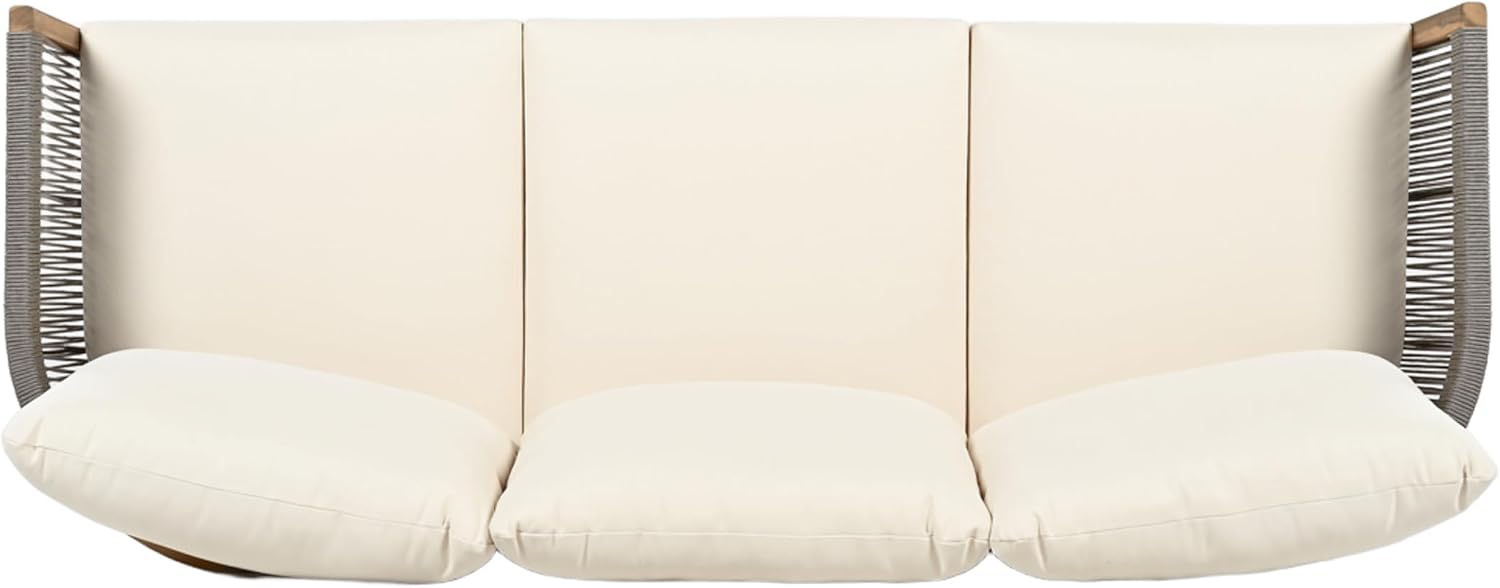 Christopher Knight Home Havets 77'W Outdoor 3 Seater Sofa, 6' Thick Cushion Couch, Acacia Wood Bench Sofa, Comfy Woven Rope Armchair, Spacious Seating Bench Couch for Backyard Garden Porch, Gray+Beige