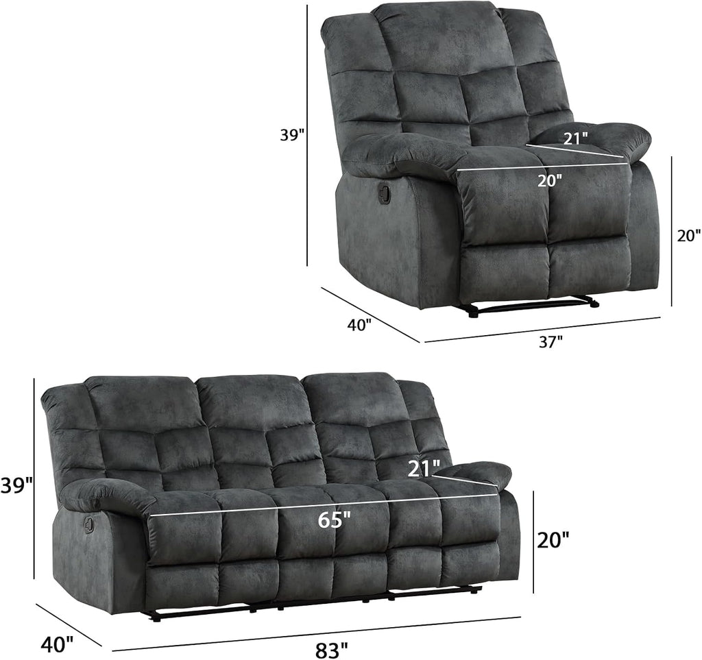 EBELLO Manual Recliner Couch Set, Soft Fabric Reclining Living Room Sofa Set, Included 2 Single Recliner Chair and 3PC Bonded Sofa Couch, Grey Green
