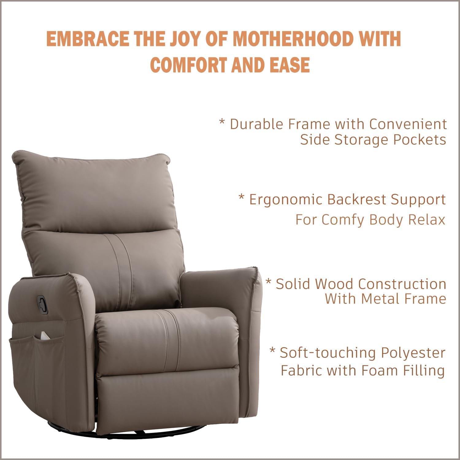 KEIKI 360 Degree Rocking Swivel PU Leather Recliner Chair, Individual Seat Home Theater Recliner Seating with Side Pocket for Living Room Bedroom, Brown