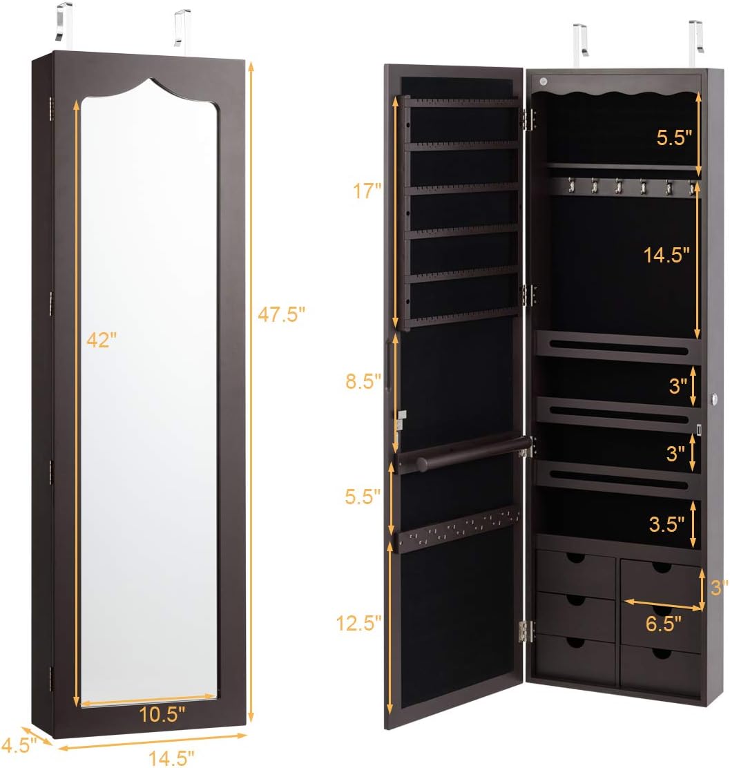 Giantex Wall Door Mounted Jewelry Cabinet with Full Length Mirror, Lockable Over Door Jewelry Armoire with LED Lights, 47.5' Large Jewelry Storage Organizer with 6 Drawers, Espresso