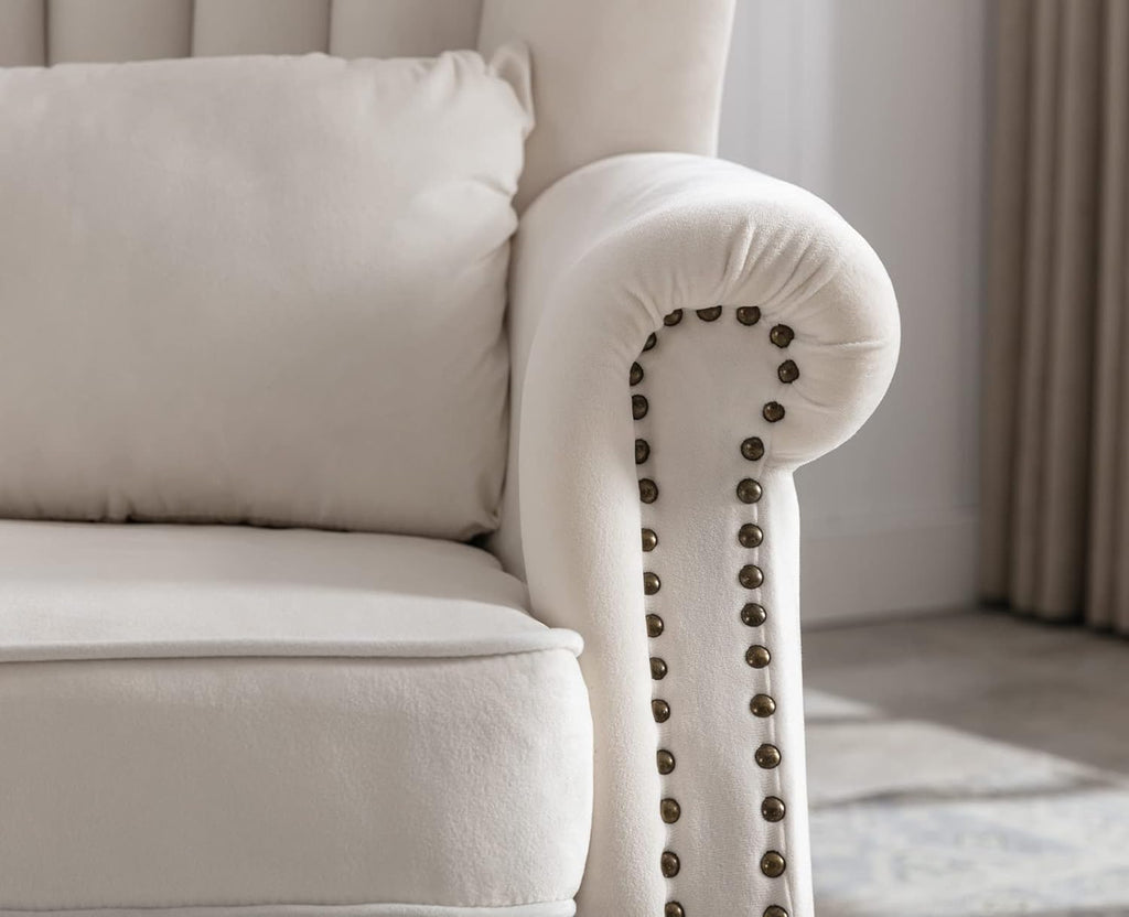 Kmax Cream Accent Chair Velvet Wingback Chair with Pillow Nail-Head Channel Tufted Oversized Club Chair for Living Room Bedroom Guest Room