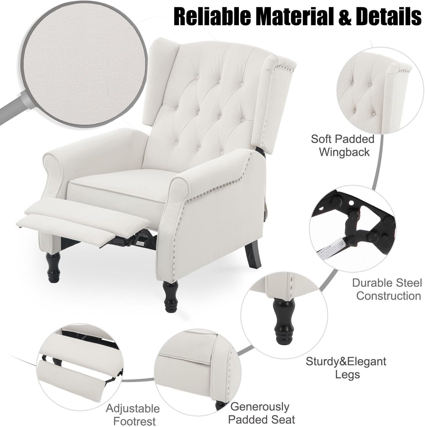 Velvet Accent Chair, Push Back Recliner Chair, Wingback Arm Chair for Living Room/Bedroom/Home Theater/Reception Area, Light Beige