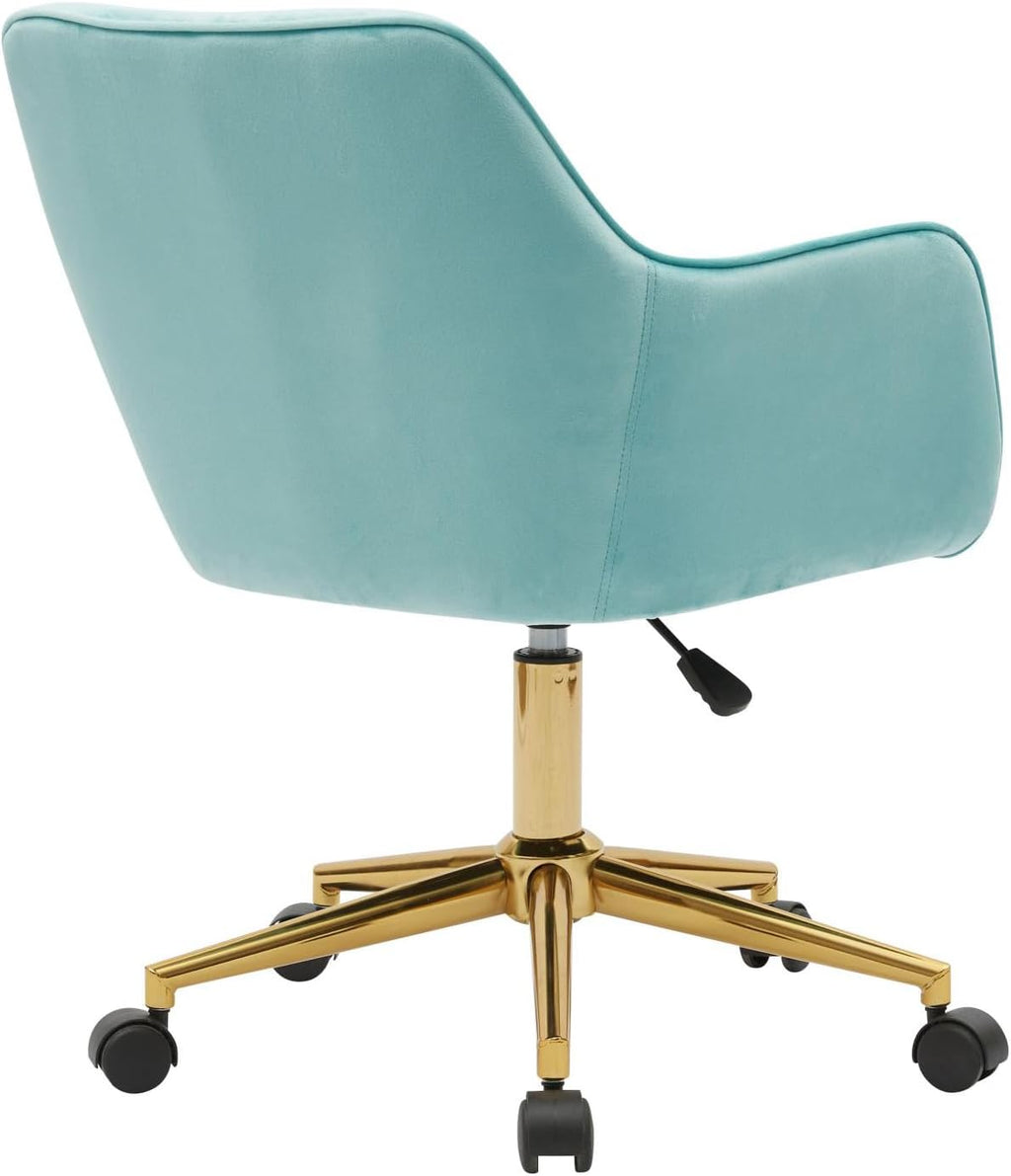 Modern Velvet, Height Adjustable, 360° Swivel Office Chair, Upholstered Cosmetic Dresser Armchair with Metal Feet and Backrest, Bedroom Furniture Light Blue
