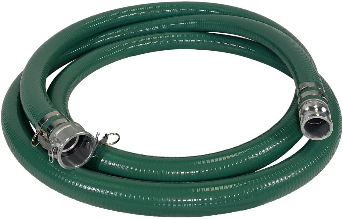 Gloxco Heavy Duty Green PVC Suction Hose Assembly for Water Transfer, 2' Inside Diameter, Installed Male x Female Cam and Groove Fittings, 25 ft Length