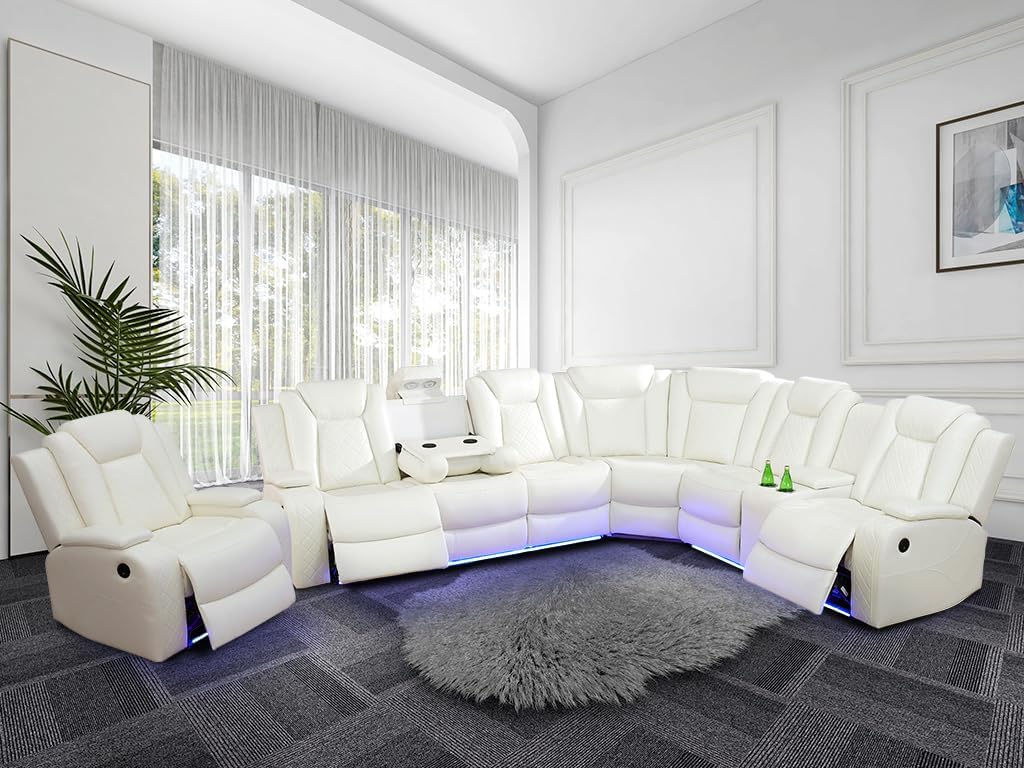 Power Recliner Sofa Sectional Couch with LED Light for Living Room,Leather Reclining Corner Sectional Sofa with 3 Recliner Seats,Cup Holder,Storage Console for House/Home Theater, Creamy