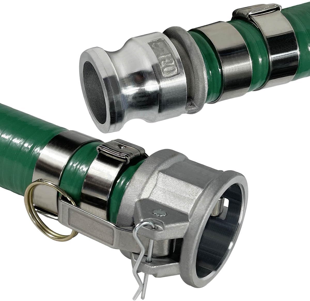 Gloxco Heavy Duty Green PVC Suction Hose Assembly for Water Transfer, 1-1/2' Inside Diameter, Installed Male x Female Cam and Groove Fittings, 40 ft Length