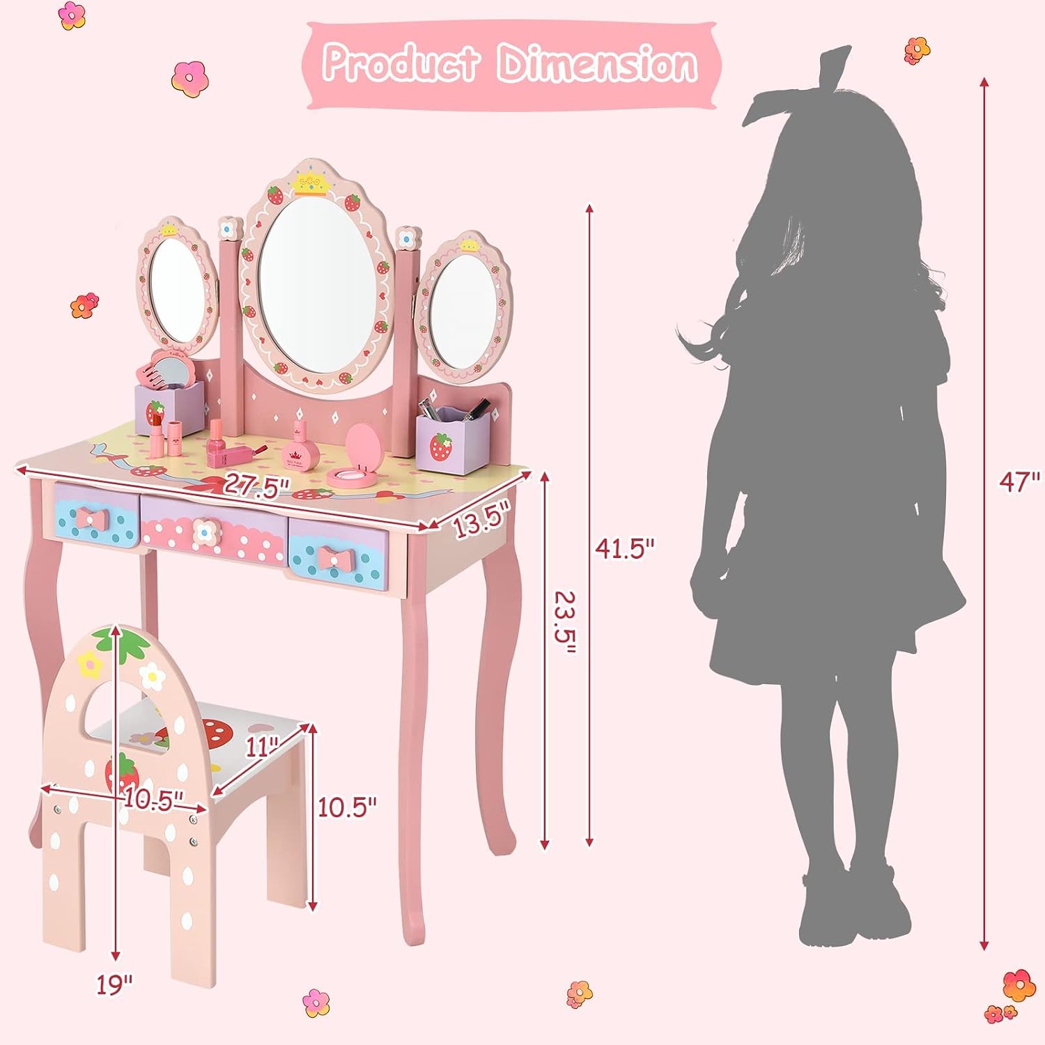 HONEY JOY Kids Vanity, Strawberry Princess Wooden Makeup Dressing Table & Chair Set w/Real Glass Tri-Fold Oval Mirror & Accessories, Detachable Top, Pretend Play Vanity Set for Little Girls(Pink)