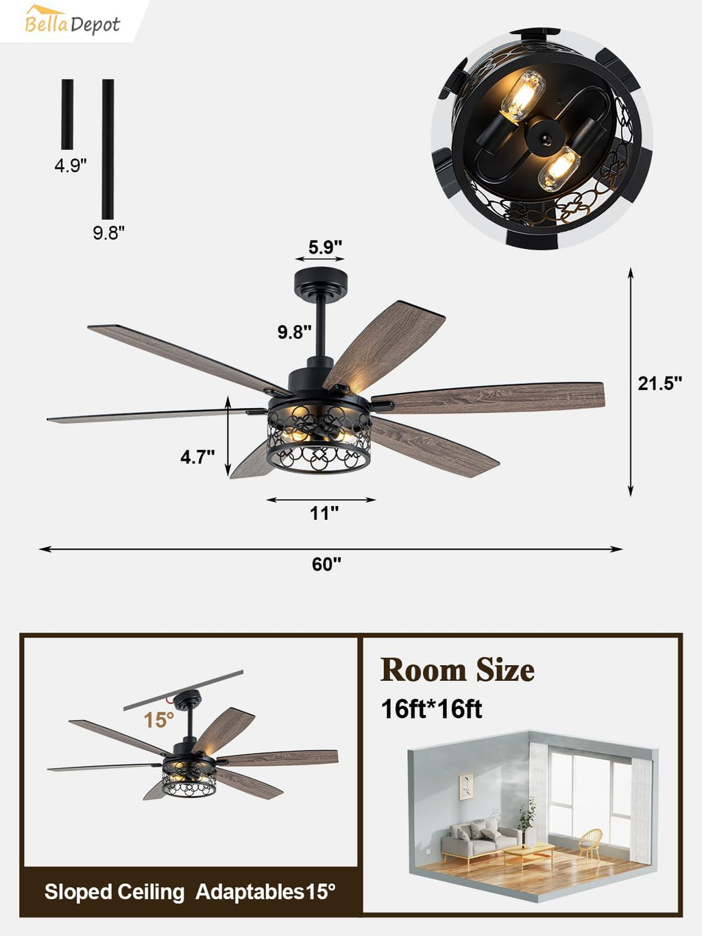 Bella Depot 60' Ceiling Fan with Light Farmhouse Caged Chandelier Fan with Remote Vintage Rustic Indoor Fandelier with Silent Motor for Dining Living Room Bedroom, (Bulbs not Included)