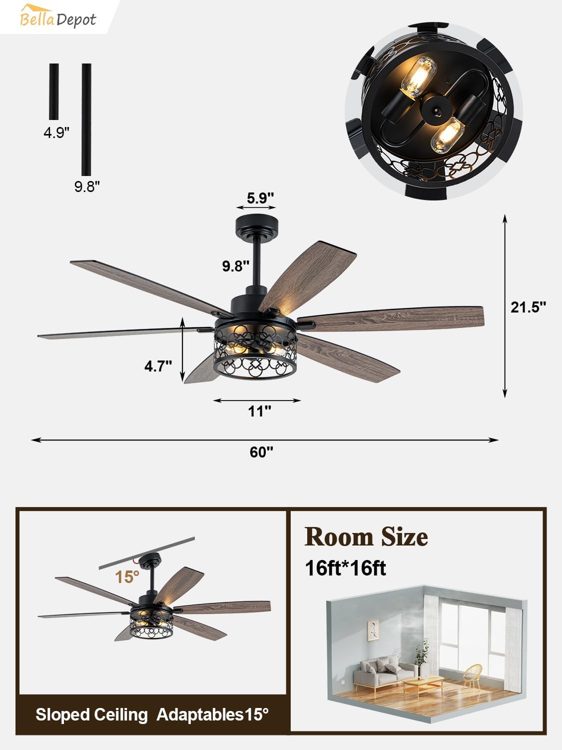 Bella Depot 60' Ceiling Fan with Light Farmhouse Caged Chandelier Fan with Remote Vintage Rustic Indoor Fandelier with Silent Motor for Dining Living Room Bedroom, (Bulbs not Included)
