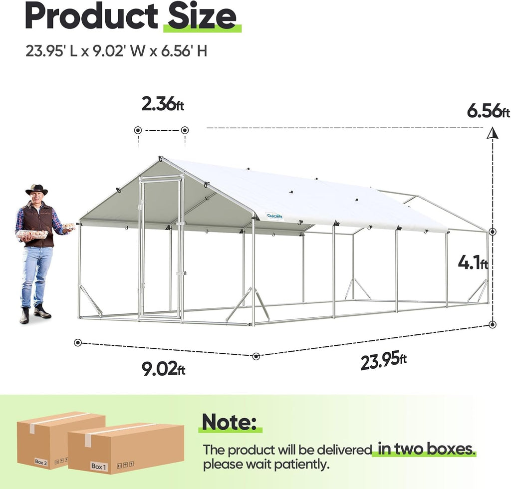 Quictent Large Metal Chicken Coop Run for 45+ Poultry with Side Hardware Cloth & Waterproof Cover, Advanced Series Outdoor Walk-in Cage Hen Duck Rabbit Dog Pen Yard Farm House, 24x9x6.6FT
