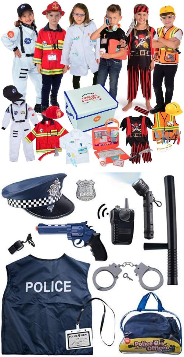 Born Toys 6-in-1 Kids' Dress Up & Pretend Play - Kids Costumes for Boys & Girls Ages 3-7 (Firefighter, Astronaut, Scientist, Construction, Pirate. Office Set anad Police)