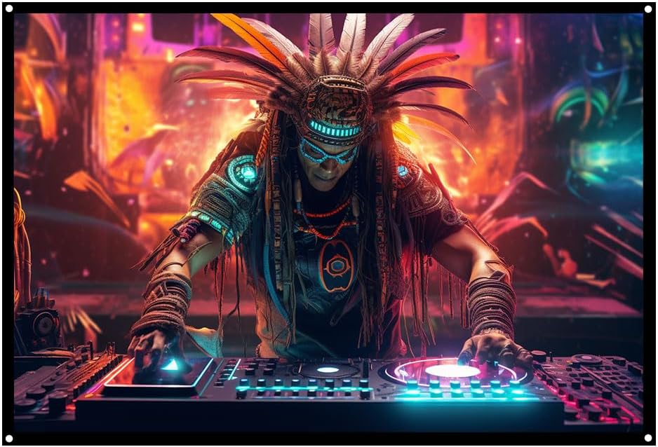 Cyberpunk Inca Shaman DJ, UV tapestry, Blacklight Reactive Wall Hanging, Neon Backdrop, Party Decor, Psychedelic Tapestry, Visionary Wall Art (Large)