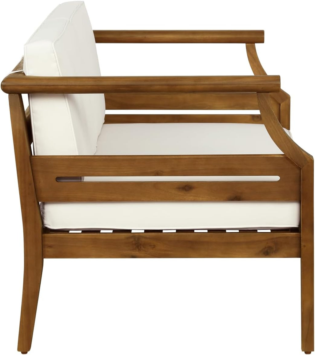 Linon Harbor Oiled Acacia Wood Two Piece Outdoor Set with Revmoable Cream Cushions Includes Loveseat and Coffee Table