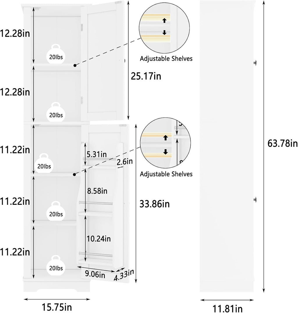 Function Home Tall Storage Cabinet, 64' Narrow Bathroom Cabinets, Freestanding Kitchen Pantry with Door Storage Shelves, Wooden Slim Floor Cabinets for Kitchen Dining Living Room, White