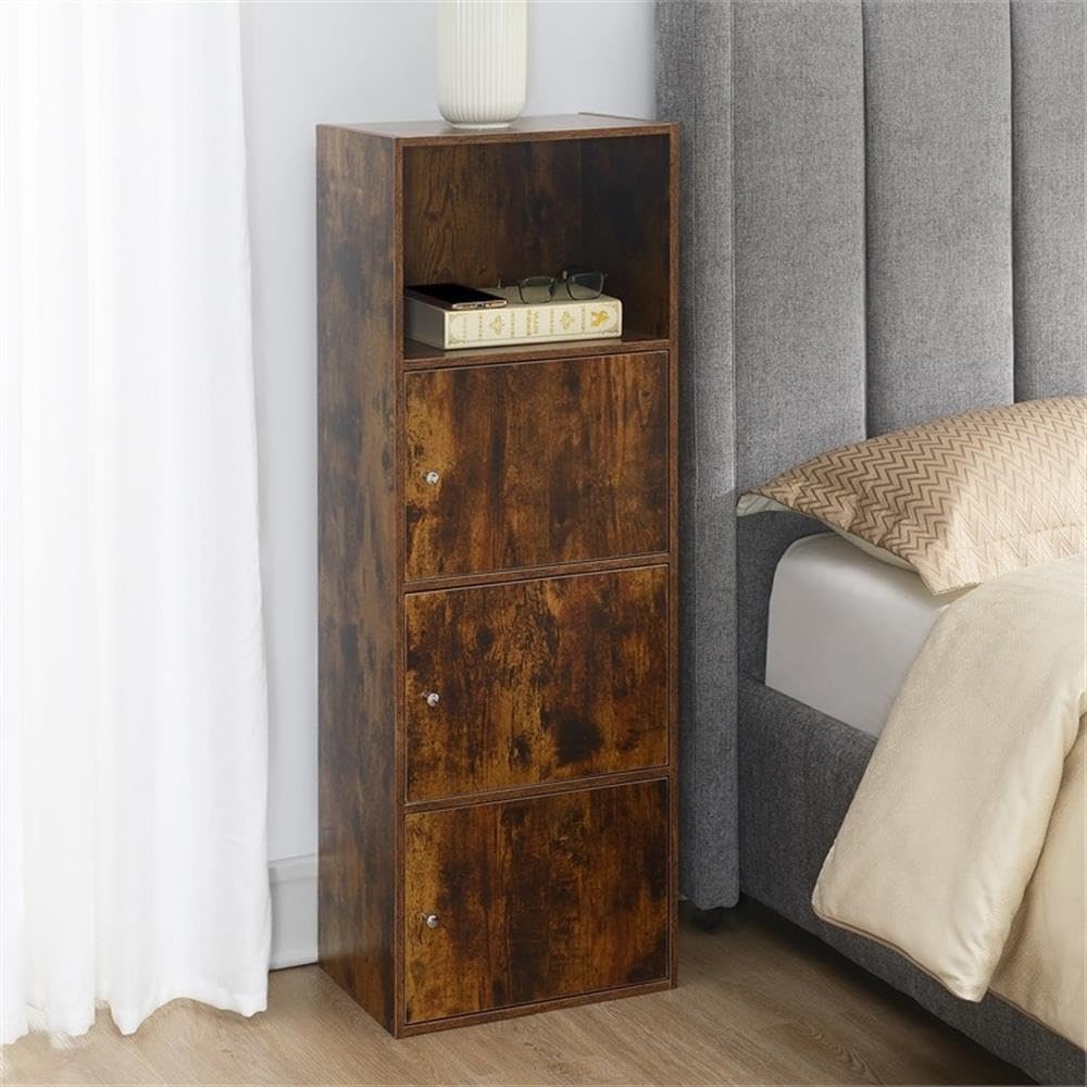 Pemberly Row Three-Door Cabinet with Shelf, Walnut Wood Finish, 16.5 x 12 x 46.75 in, Magnetic Latches, Concealed Storage, Versatile Multi-Room Use for Office, Bathroom, Closet, or Home Organization