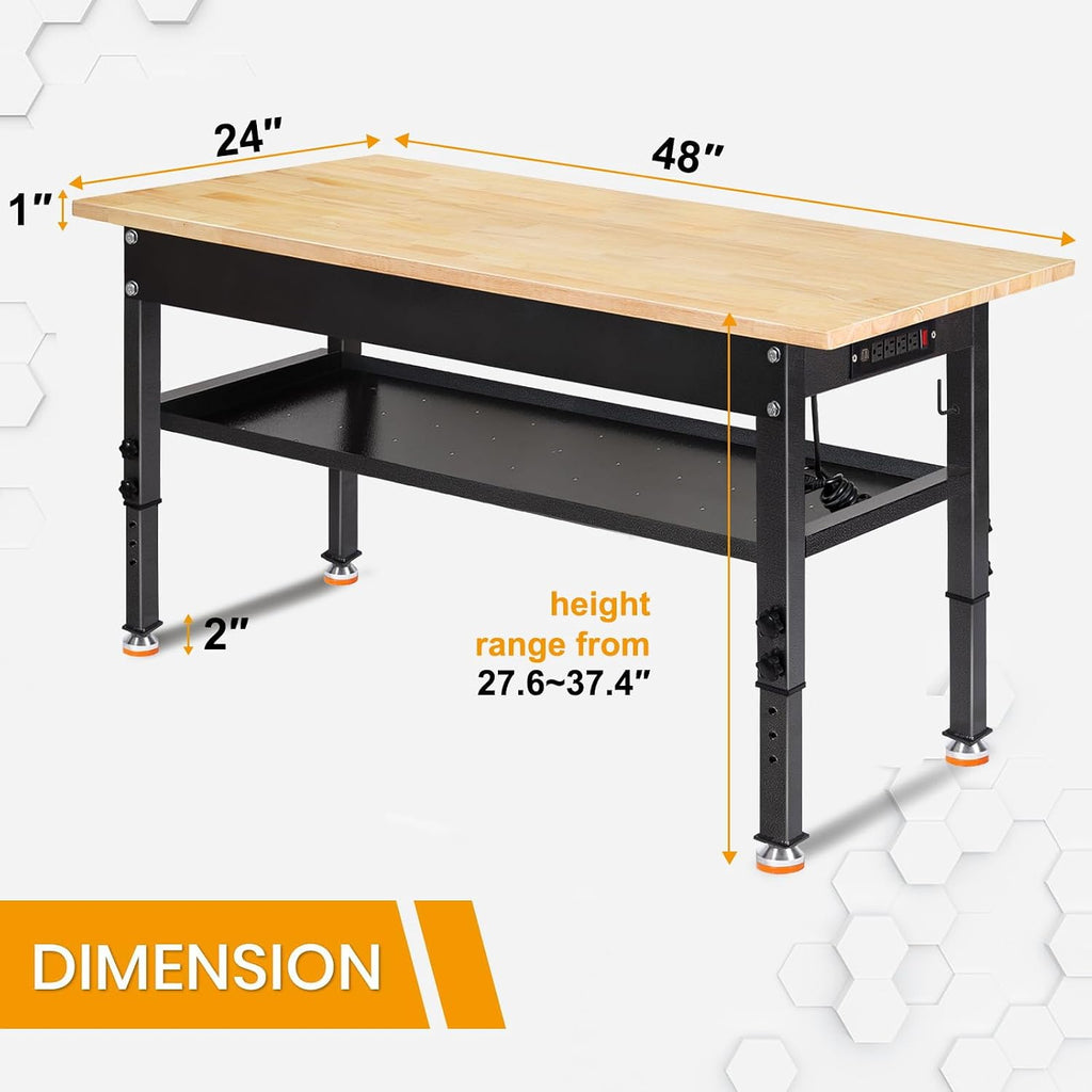 48'/60'' Adjustable Workbench, Rubber Wood Top Work Bench Heavy-Duty Work Table w/Power Outlet, Partition,2000 LBS Load Capacity Work Benches for Garage, Workshop, Home, Office, Easy Assembly