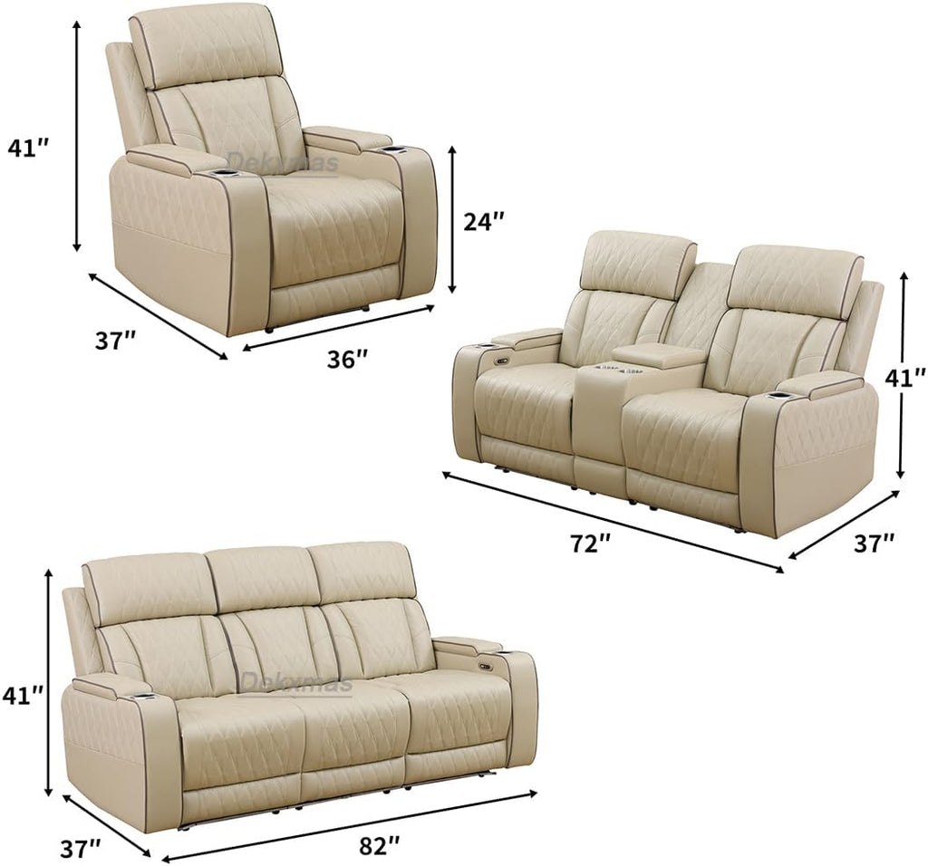 3PCS Power Recliner Sofa with Drop-Down Table Cup Holder, Living Room Furniture Sets, Beige Breathing Leather Power Reclining Sofa Set with 5 Recliner Seats,Storage Console for Living Room