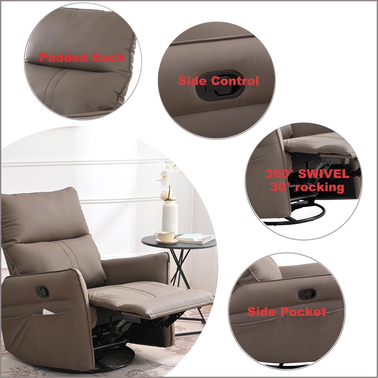 KEIKI 360 Degree Rocking Swivel PU Leather Recliner Chair, Individual Seat Home Theater Recliner Seating with Side Pocket for Living Room Bedroom, Brown