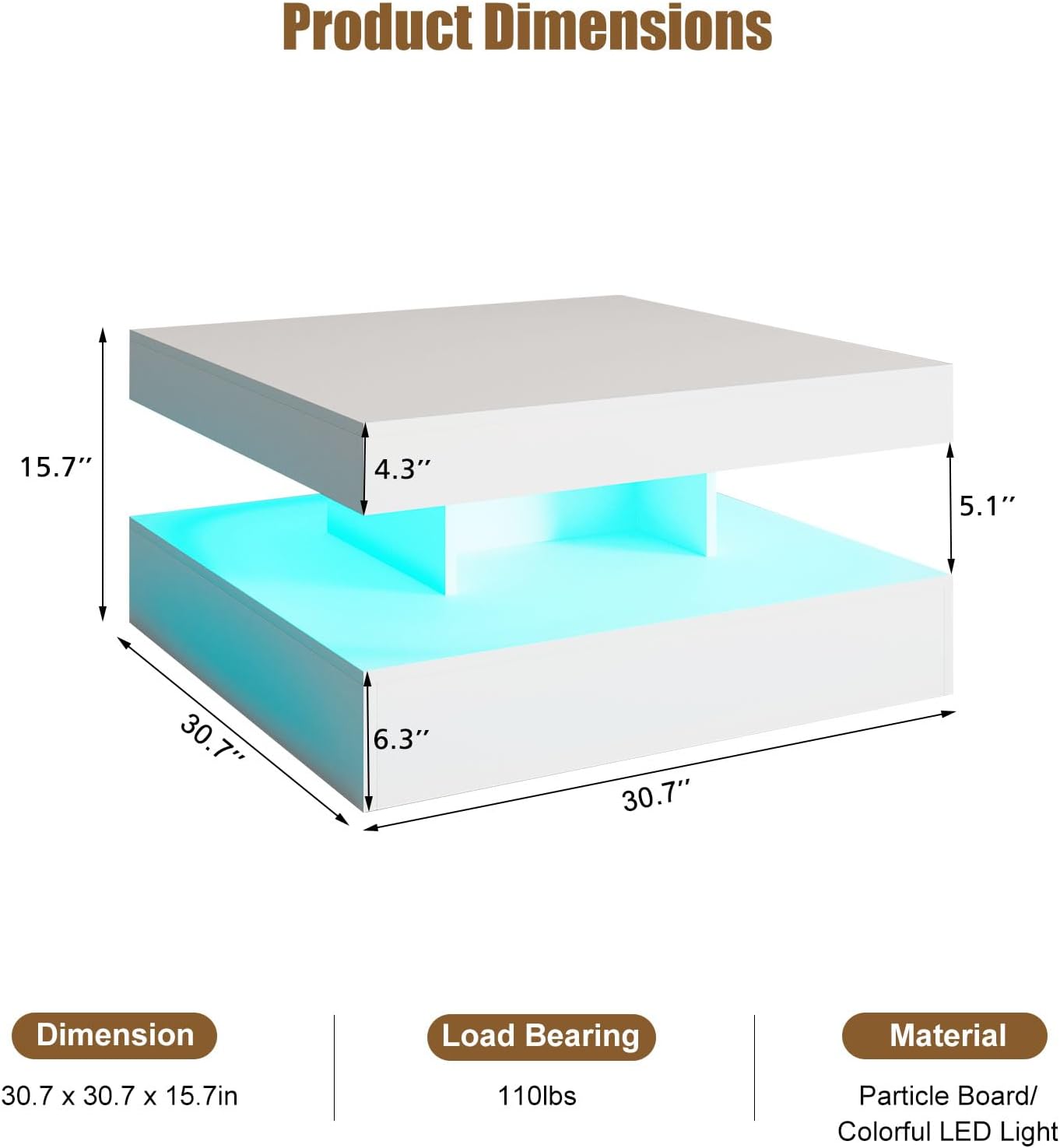 HedoAjim White LED Coffee Table for Living Room, Living Room Table 2-Tier Square Middle Center Table, Modern Coffee Tables with Storage, Wood Tea Tables for Dining Reception, Skin Feeling