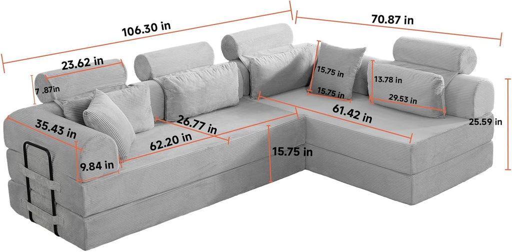 KEIKI 6-in-1 Folding Convertible High Back Sofa Sleeper, 106' Oversized Modular Sectional Corduroy Upholstered L Shape Couches for Living Room, High-Density Foam for Large Apartment Living, Beige