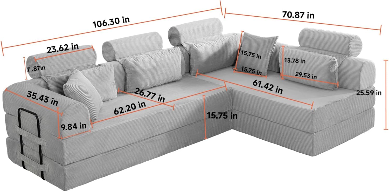 KEIKI 6-in-1 Folding Convertible High Back Sofa Sleeper, 106' Oversized Modular Sectional Corduroy Upholstered L Shape Couches for Living Room, Premium Foam for Contemporary Family Room, Green