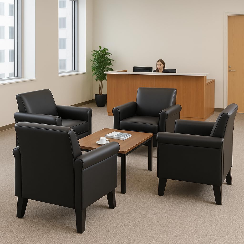 Faux Leather Accent Chair Set of 2, Mid Century Modern Living Room Chair, Upholstered Comfortable PU Leather Armchair for Bedroom, Office or Waiting Areas-Black