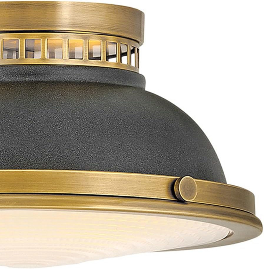 Hinkley Emery Small Two Light Flush Mount Ceiling Light – Dome Shaped Etched Holophane Glass – Heritage Brass with Aged Zinc Accents
