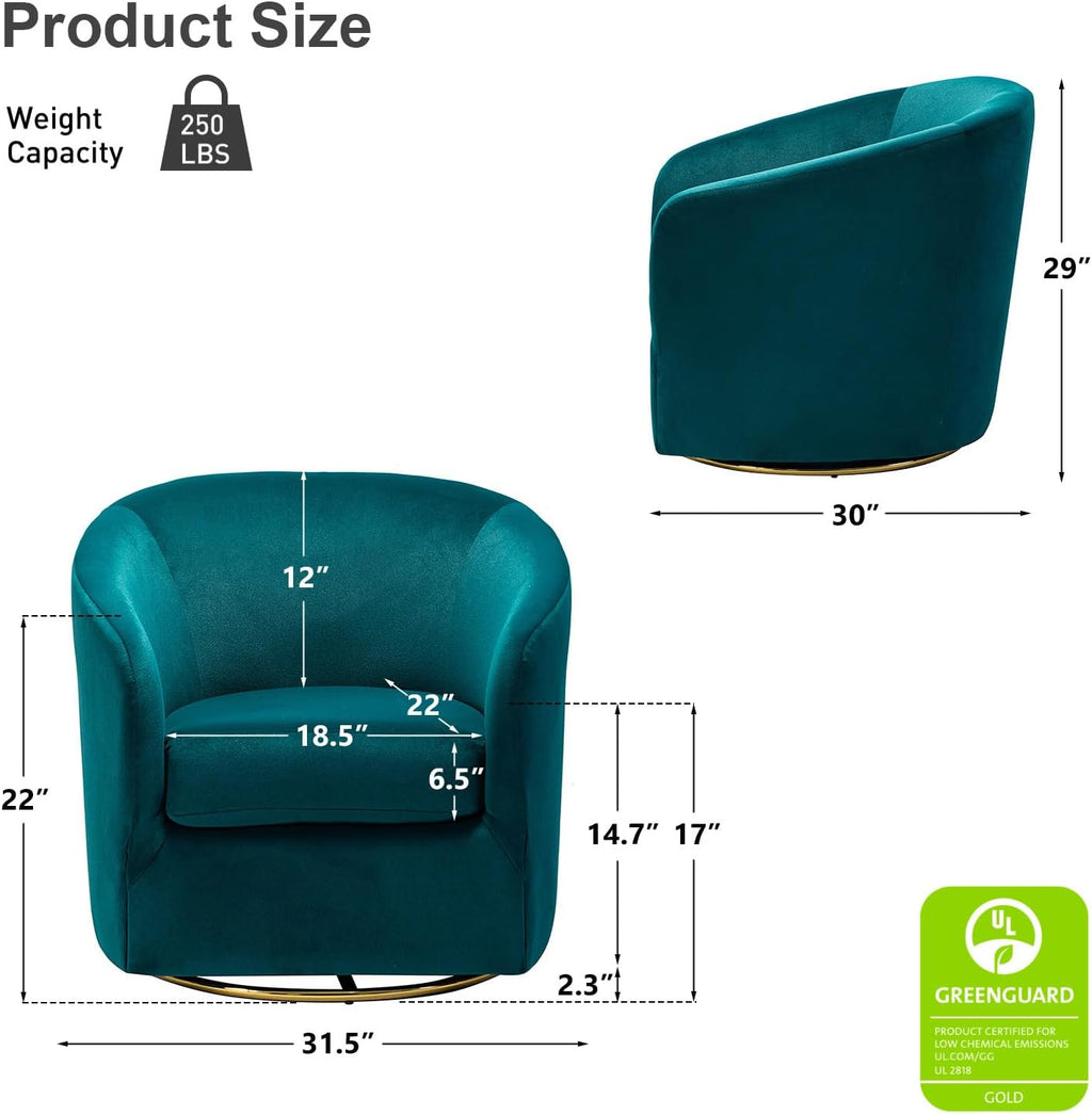 HULALA HOME Swivel Accent Chair with Gold Metal Base, Contemporary Velvet Curved Swivel Barrel Chair, Upholstered Club Armchair, Leisure Single Sofa for Living Room, Nursery, Bedroom(Teal)