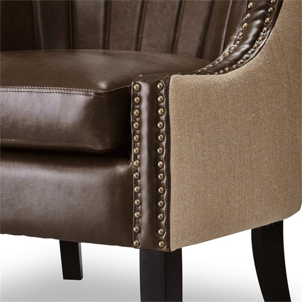 Tommy Hilfiger Dorset Leather Club Chair, Brass Nailhead Accent Trim, High Back Reading Armchair, Traditional Living Room Furniture, Chesterfield Brown