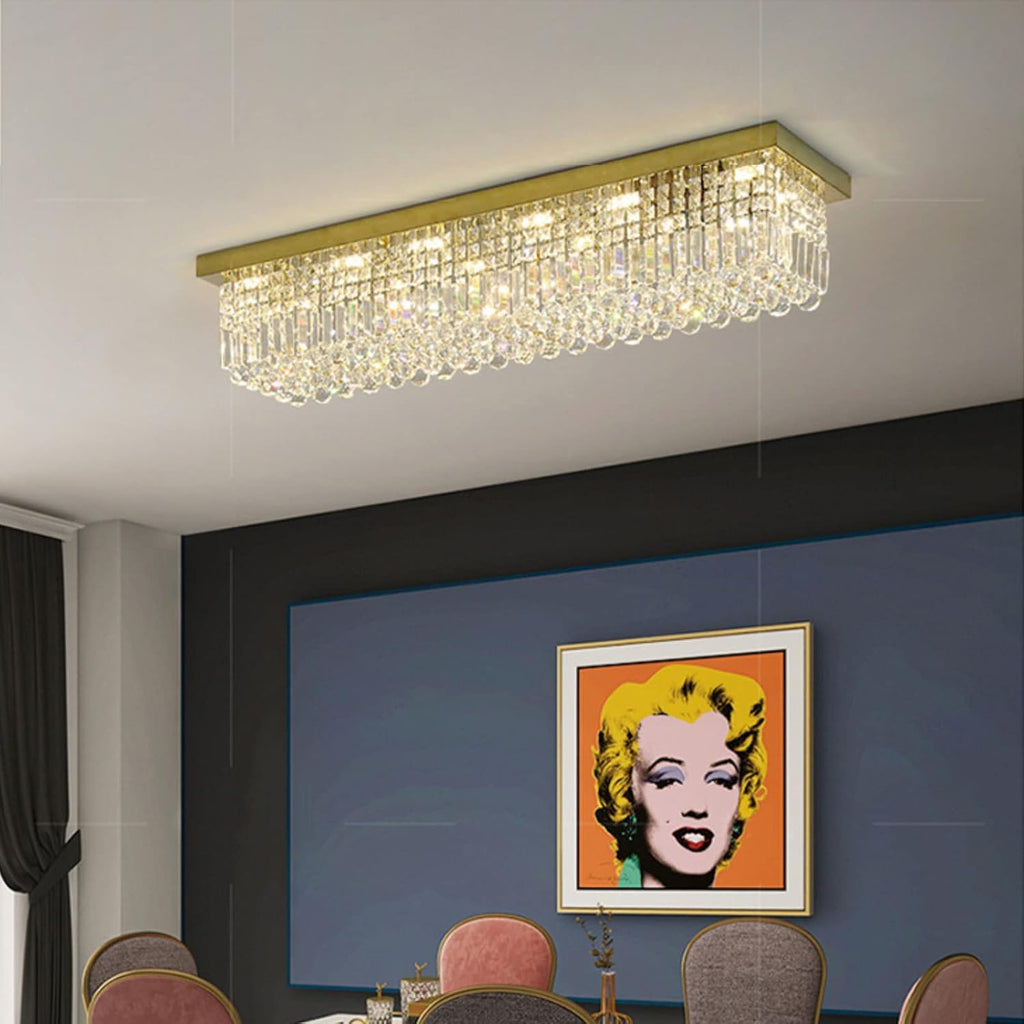 7PM Rectangular Chandelier, Modern Dining Room Light Fixture with Raindrop Chandelier Crystals, 8 Lights Flush Mount Rectangle Chandelier for Dining Room Living Room, L40' x W10' x H10' Gold