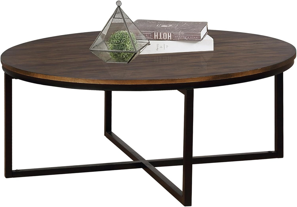 Arcadia 42-Inch Round Acacia Wood Coffee Table – Industrial Living Room Table with Antiqued Mocha Finish and Metal Sled Legs – Ideal Centerpiece for Sectionals and Sofas by Alaterre Furniture