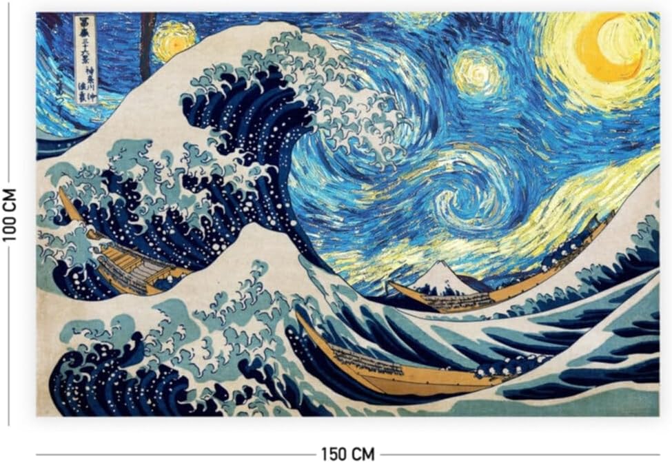 Wall Tapestry The Great Wave and Starry Night 65x40cm Cotton Famous Paintings Wall Hanging Art Dorm Decor Living Room - Navy Blue, 55x79 inch