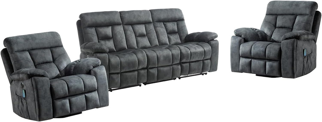 EBELLO Reclining Living Room Set, Soft Fabric Manual Recliner Sofa Furniture Set, Includes 2 Power Lift Recliner Chairs with Massage and Heat and 3 Seat Sofa, Dark Greenish-Grey