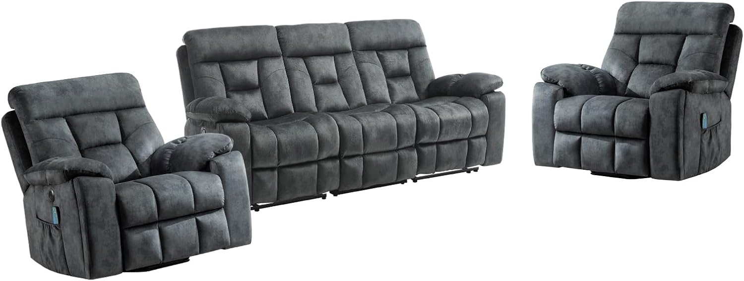 EBELLO Reclining Living Room Set, Soft Fabric Manual Recliner Sofa Furniture Set, Includes 2 Power Lift Recliner Chairs with Massage and Heat and 3 Seat Sofa, Dark Greenish-Grey