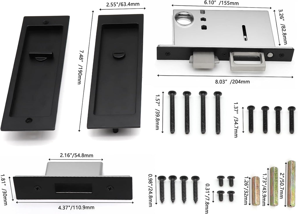 Rectangular Pocket Door Mortise Lock and Edge Pull, Narrow Modern Sliding Door Pop-Up Handle, (Bed/Bath) Pull Latch, Recessed Hardware for 1 3/8' to 2 3/16' Thickness (Privacy Lock, Matte Black)