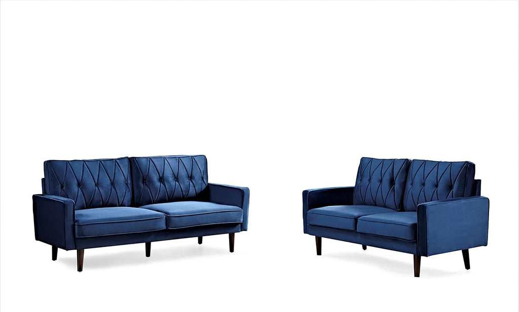 Container Furniture Modern Style Tufted Velvet Couches for Living Room with Soft Fabric Upholstery and Solid Wood Frame, 2 Piece Sofa and Loveseat Set, Dark Blue