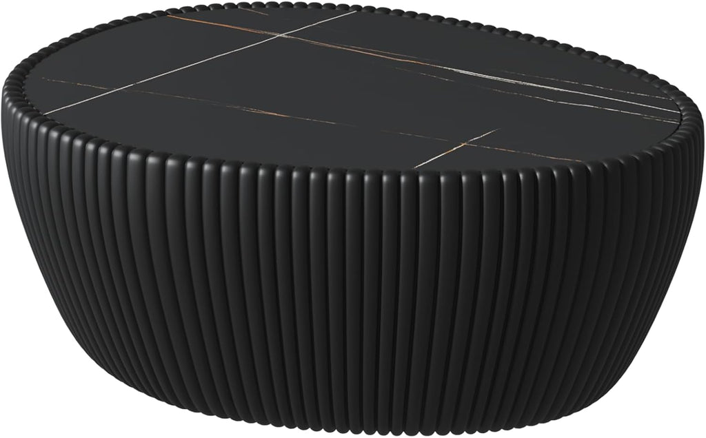 KEIKI 32.1' Goose Eggs Shape Coffee Table, Modern Sofa Side Table with Marble Top & Leather Wrap, Small End Table for Living Room, Bedroom, Office, Black
